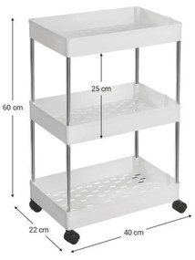 3 szintes konyhai polc Fürdőszoba polc kerekeken 40x22x60cm fehér