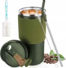 Rozsdamentes acél termo bögre szívószállal Zöld 450ml