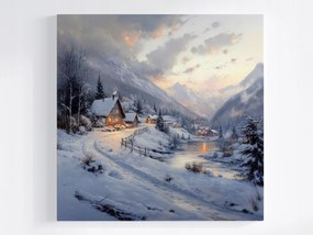 Vászonkép Canvas Téli Tájkép Házak Folyó Hegyek Hó Tél 40x40