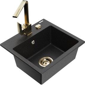 Mexen Milo, 1 kamrás gránit mosogató 435x410x171 mm és Rita arany csaptelep, fekete-ezüst metál, 6505-73-670300-50