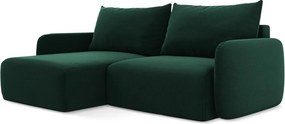 Sötétzöld bársony kinyitható-tárolóhelyes sarokkanapé (bal oldali-heverő résszel) Kalena – Makamii