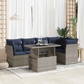 6 részes szürke polyrattan akácfa kerti ülőgarnitúra párnákkal