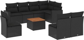 vidaXL 9 részes fekete polyrattan kerti ülőgarnitúra párnákkal
