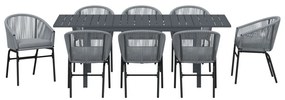 10 darabos kerti étkezőszett párnákkal szürke poli rattan, Hosszabbítható kerti asztal antracit (140-210)x90x73 cm acél