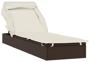 Barna polyrattan napozóágy összecsukható tetővel 213x63x97 cm