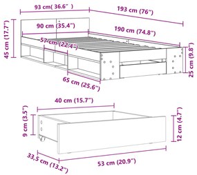 fekete szerelt fa ágykeret fiókkal 90 x 190 cm