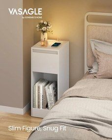 Keskeny éjjeliszekrény töltőállomással és LED-fénnyel, USB portokkal, fehér