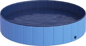 PawHut Összecsukható Kutyafürdő Medence – Kutyák és Macskák Számára – Tálca - Műanyag+Fa, Kék Ø140 x H30 cm | Aosom