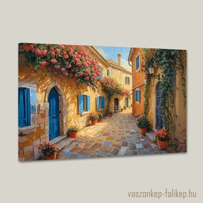 Virágos mediterrán sikátoros utca – Prémium falikép 60x40 cm