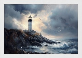 Poszter Keret Fa Tájkép Tenger Hullámok Tengerpart Sirály Lámpa 60x40