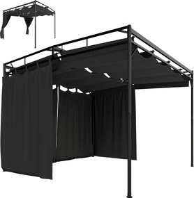 Outsunny pergola 3×3 m — vízlepergető, behúzható napellenző és függönyök, szabadon álló kerti pavilon, stabil teraszfedés, sötétszürke | Aosom