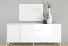 CITY Kétajtós, háromfiókos komód, fehér, magasfényű lakkozott vázzal és előlapokkal