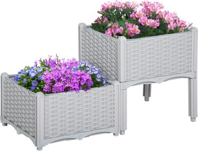 Outsunny 2 darabos kerti négyzet alakú virágtartó készlet rattan hatású, 40x40x26/44 cm, Szürke | Aosom