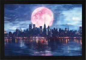 Poszter Keret Fa Város Panoráma Felhőkarcolók Folyó Éjszaka Hold 60x40