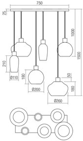 Redo 01-4047 - Csillár zsinóron ATLANTIS 6xE27/42W/230V fekete