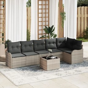 7 részes kerti kanapé szett párnákkal szürke Poly Rattan, 2 fős kerti kanapé tárolóval és párnákkal világosszürke Poly Rattan