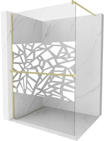 Mexen Kioto+, Walk-In zuhanyparaván polccal és akasztóval 120 x 200 cm, 8 mm átlátszó üveg fehér mintás, arany matt profil, 800-120-121-55-85