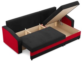 Hewlet sarokkanapé, 2 ágyneműtartóval, szövet anyag, univerzális oldal, hab töltet, fekete - piros