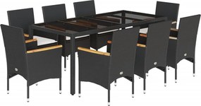vidaXL 9 részes fekete polyrattan/üveg kerti étkezőgarnitúra párnákkal