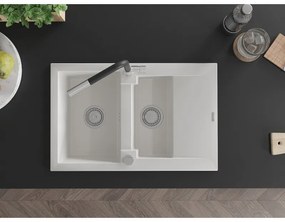 Mexen Gaspar, 1,5 kamrás gránit mosogató 737x475x177 mm és Flora mosogató csaptelep, fehér, 6507-20-670401-07