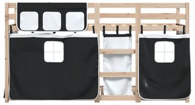 fehér/fekete tömör fenyőfa emeletes ágy függönyökkel 75x190 cm