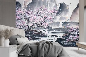 Gario Fotótapéta Cseresznyevirágzás egy hegyi háttéren Anyag: Vlies, Méret: 100 x 70 cm