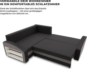 Grande sarokkanapé polcokkal , polc a bal karfaban, baloldali, szövet anyag, bonell töltet, fekete - szürke