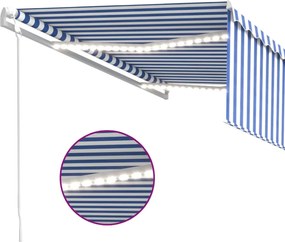 Kék és fehér redőnyös, szélérzékelős, LED-es napellenző 4,5x3 m