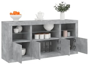 betonszürke tálalószekrény LED-világítással 142,5 x 37 x 67 cm