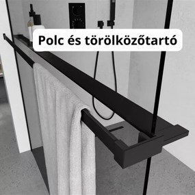 Stuxi Milano Easy Plus Black Walk-in zuhanyfal, 80x200 cm, 8 mm vastag vízlepergető üveggel, helytakarékos stabilizátorral, polccal, törölközőtartóval