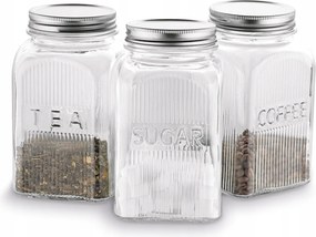 3 darabos üveg konyhai tároló szett kávéhoz, cukorhoz és teához, 1250 ml