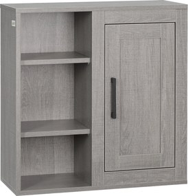 Kleankin Fali Fürdőszobaszekrény 3 Állítható Nyitott Polccal és 1 Ajtóval, Modern Stílus 48x20x50 cm Szürke | Aosom