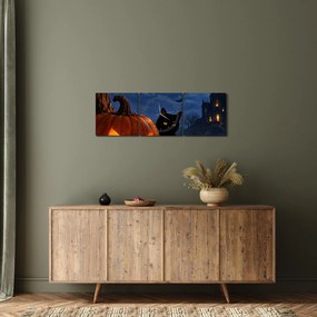 Kép - Fekete macska egy világító halloweeni tök mellett (órával) (90x30 cm)