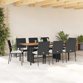 9 részes fekete polyrattan kerti étkezőgarnitúra párnákkal