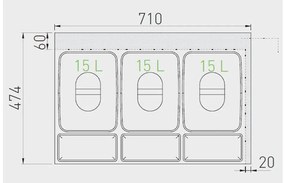 Hulladékgyűjtő GTV Multino 800, szelektív, utólag behelyezhető, 3*15 L edénnyel, fedéllel, tárolókkal