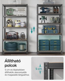 5 szintes fém tároló polc, teherbírás 600 kg, 50 x 100 x 200 cm, szürke