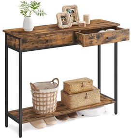 VASAGLE konzolasztal, kanapéasztal 2 fiókkal, vintage barna–fekete színben