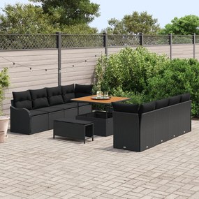 11 Darabos Kerti Kanapé Szett Párnákkal - Fekete Poli Rattan Akácia, 2-Fős Kerti Kanapé Tárolóval és Párnákkal - Fekete Poli Rattan, 3 Darabos Kerti Étkezőszett Párnákkal - Fekete Poli Rattan Akácia