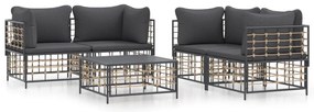 5 részes antracitszürke polyrattan kerti ülőgarnitúra párnákkal