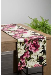 Fehér-rózsaszín virágmintás bársony asztali futó 35x140 cm
