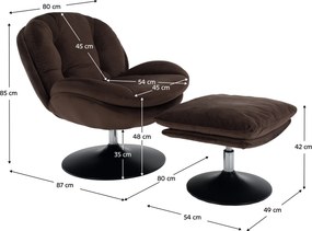 Luxus forgófotel lábtartóval, barna Velvet szövet, ADELMO