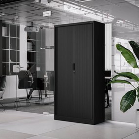 DAMIAN irodai fémszekrény harmonikaajtókkal, 900 x 1850 x 450 mm, fekete