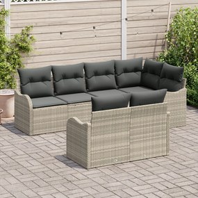 7 Rész Kert Kanapé Szett Párnákkal Világosszürke Poli Rattan, 2-Személyes Kert Kanapé Párnákkal Világosszürke Poli Rattan