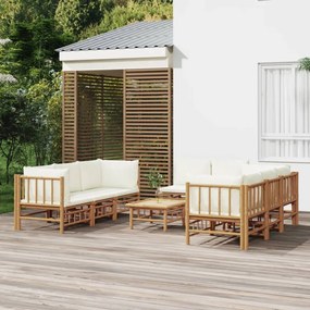 9 részes bambusz kerti ülőgarnitúra krémfehér párnákkal
