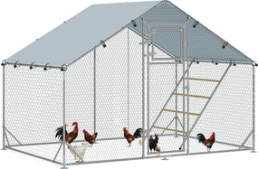 PawHut Ezüst Tyúkól Futókerítés Acélból, 3 x 2 x 1,95 m Tyúk Cage UV-ellenálló Borítással, Takarmányajtóval, Függő Feederrel, Ülőfával, Tyúk Futó 6-8