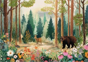 Fotótapéta erdő zöld barna szarvas és medve gyerekeknek a szobába