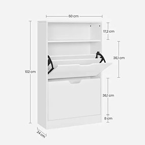 Cipőtartó 2 lenyitható rekesszel, nyitott tárolóval, 24 x 60 x 102 cm, felhő fehér