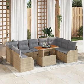 10 Darabos Kerti Kanapé Szett Párnákkal Bézs Poly Rattan Akáccal, 2 Fős Kerti Kanapé Párnákkal Bézs Poly Rattan