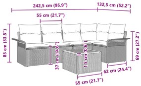 6 Darabos Kerti Sofa Szett Párnákkal Fekete Poli Rattan Akácia
