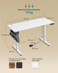 SONGMICS elektromosan állítható magasságú íróasztal 4 memóriahellyel, 140 x 60 x 72–120 cm, max. 70 kg, felhőfehér